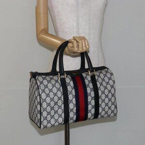 GUCCI GG Supreme Sherry Line Boston Bag PVC Navy Gold Red Auth 143577